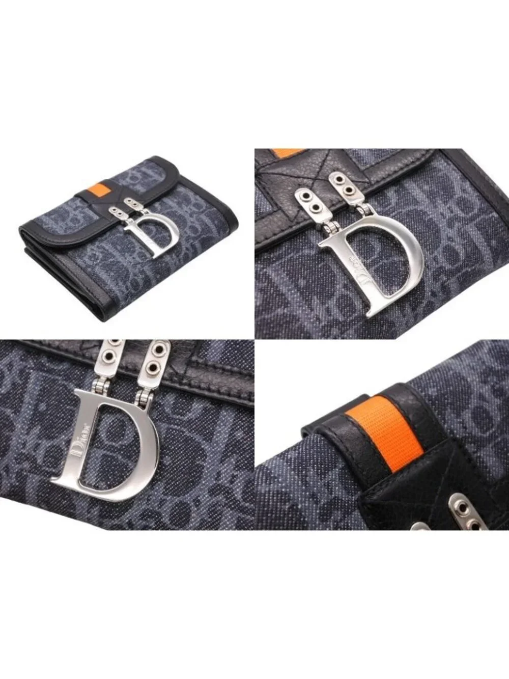 Dior Bifold Wallet Compact Trotter Line Navy Black Orange